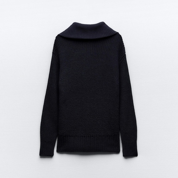 ZARA Ribbed Asymmetrical Turtleneck Sweater Navy Wool Blend Size S Minimal Knit - Picture 14 of 16